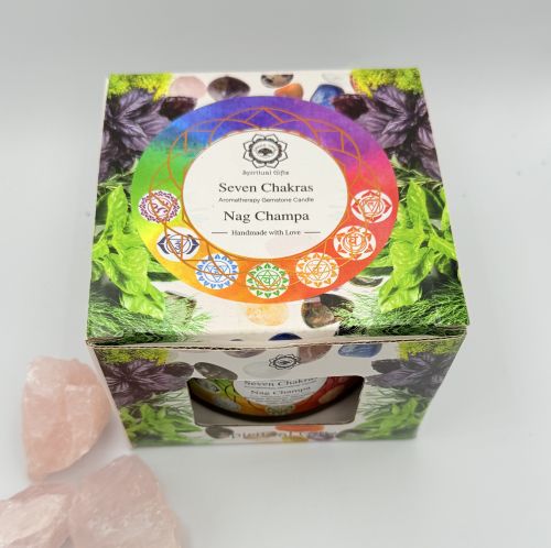Edelsteenkaars Zeven Chakra’s – Nag Champa, 256g Edelsteenkaars Zeven Chakra’s – Nag Champa, 256g