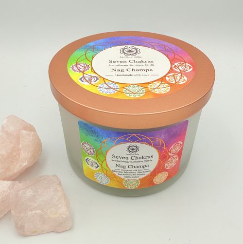 Edelsteenkaars Zeven Chakra’s – Nag Champa, 256g