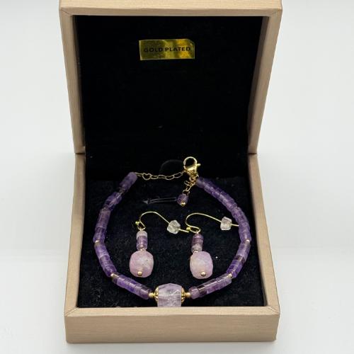 Gold Plated Armbandset met Amethist Oorbellen