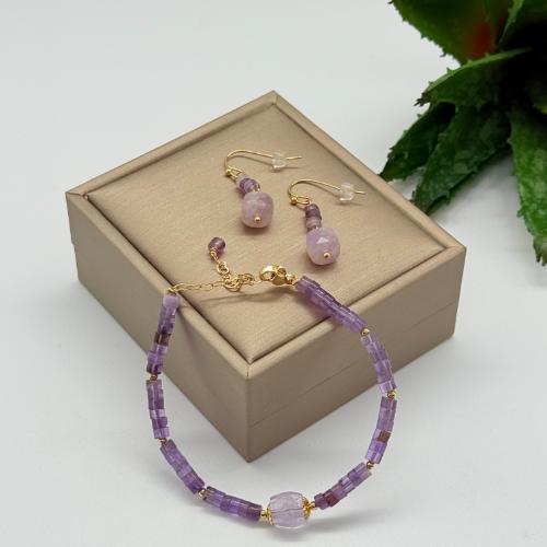 Gold Plated Armbandset met Amethist Oorbellen